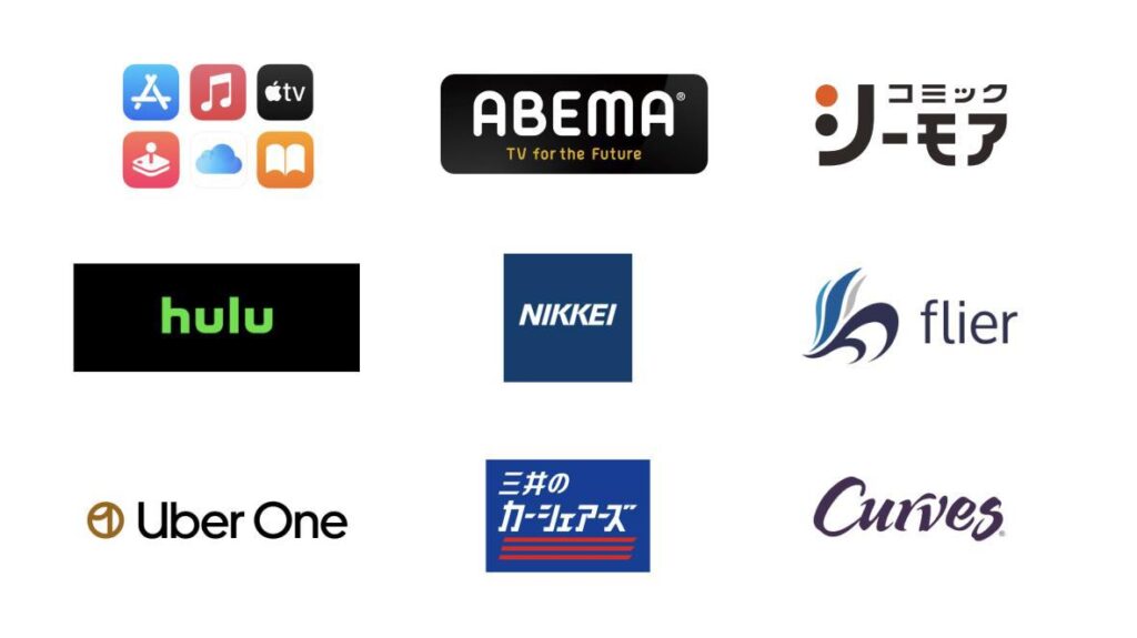 「Appleのサービス」「ABEMAプレミアム」「コミックシーモア」「Hulu（フールー）」「日経電子版」「本の要約サービスflier」「 Uber One 」「三井のカーシェアーズ」「カーブス」